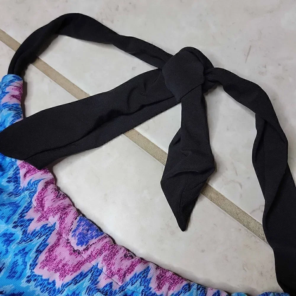 Aqua Green High Neck Angled Tankini Top Multicolor Size Large